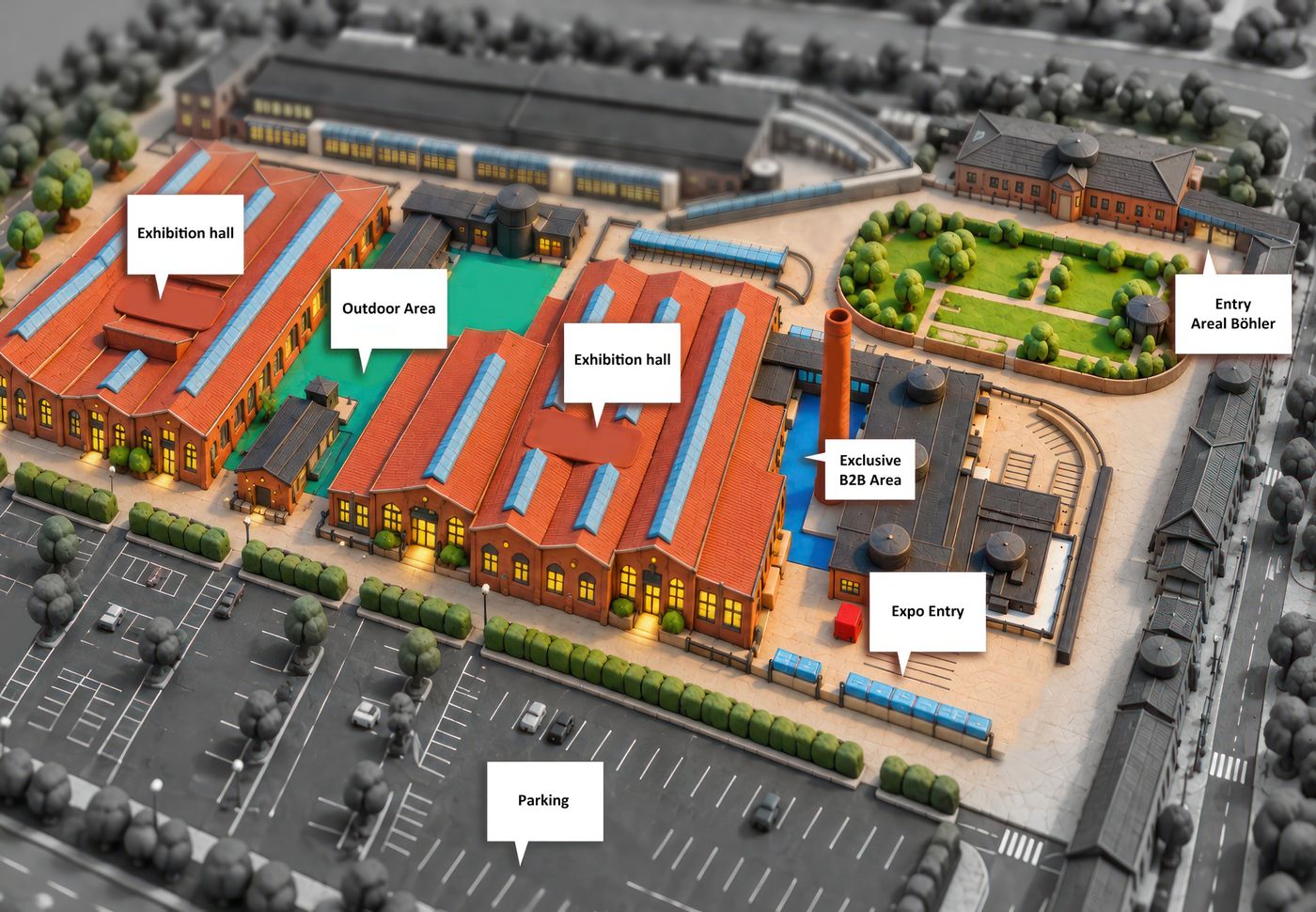Illustrierter Lageplan des Areal Böhler mit zwei Ausstellungshallen, Outdoor-Area, exklusivem B2B-Bereich, Messe-Eingang und Parkplatz